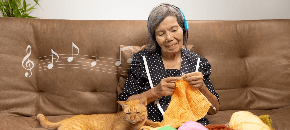 Elderly woman sits at home with her cat, happily knitting and listening to music. 