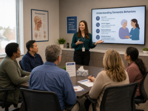 A speech language pathologist educates caregivers on understanding and managing dementia behaviors.